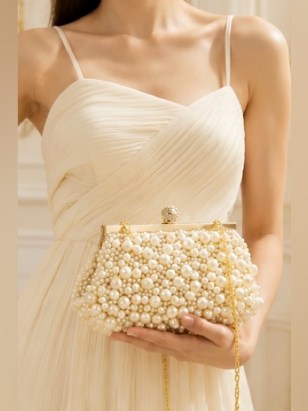 Pearl Beaded Evening Clutch Bag Bridal Wedding Gold Chain Purse